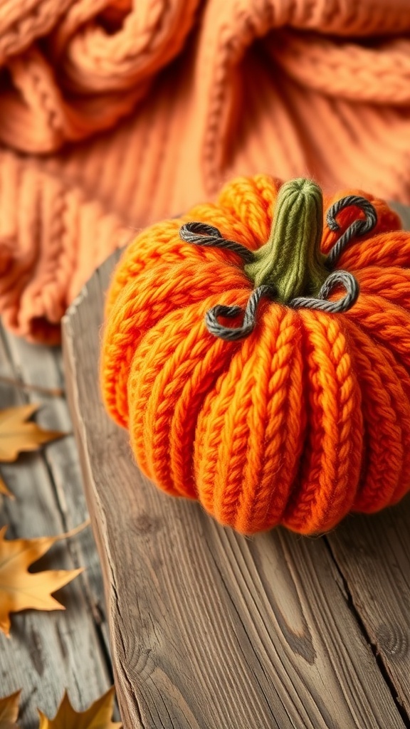 A knitted pumpkin in orange with a green stem and brown vines on a wooden table, surrounded by autumn decor.